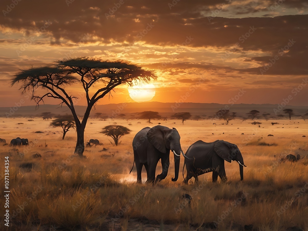 Fototapeta premium Two Elephants Walking Through the African Savanna at Sunset