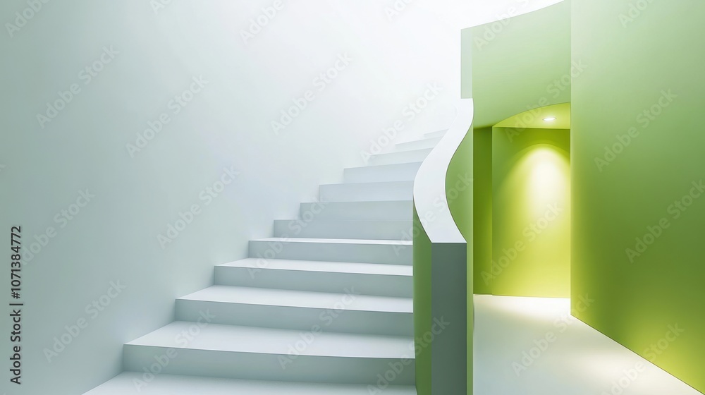 Fototapeta premium White spiral staircase in a modern building with green walls and a light at the top.