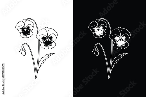 Black and White Pansy Silhouette Icons for Digital Art