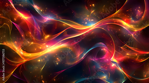 Abstract colorful waves with glowing particles on a dark background.