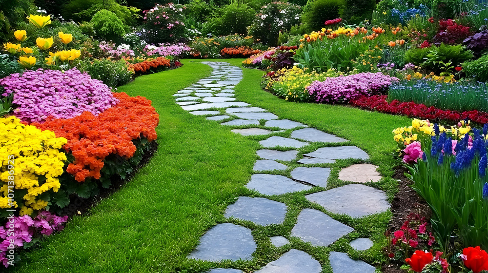 Obraz premium A winding stone path leads through a lush, colorful garden filled with blooming flowers and vibrant green grass.