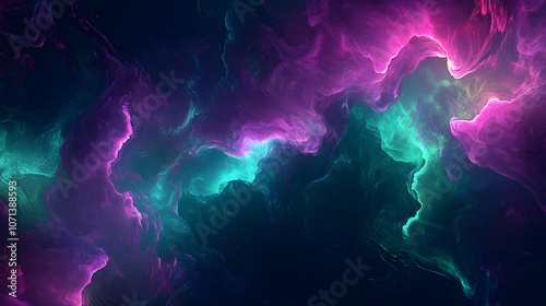 Abstract digital art with swirling purple and teal light against a black background.