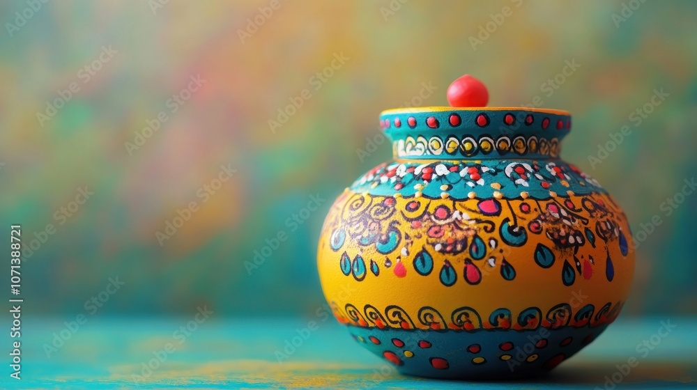 A colorful, hand-painted ceramic pot with a decorative lid, against a blurred background. A colorful, hand-painted ceramic pot with a decorative lid, against a blurred background.