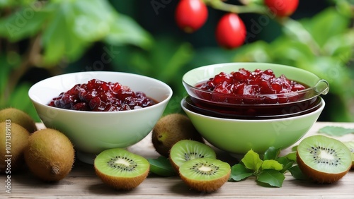 Vibrant preserved fruits like kiwis, damson jam, or coconut jam are presented on white dishes with green wood backdrops during the Vietnamese Tet celebration, which is also referred to as the Lunar Ne photo