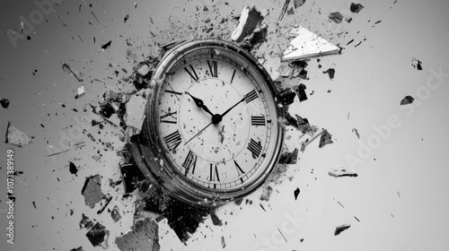 A vintage clock explodes into pieces against a white background, symbolizing the concept of time passing quickly. photo