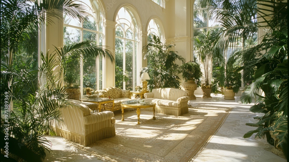 Fototapeta premium Elegant Oasis: Opulent Conservatory with Exotic Plants, Vintage Furniture, and Glass Windows for Serene Escape