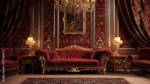 Opulent Vintage Living Room with Mahogany Furniture, Chandeliers, and Oil Paintings | Elegant Old Money Aesthetic with Plush Velvet Upholstery and Intricate Wallpaper