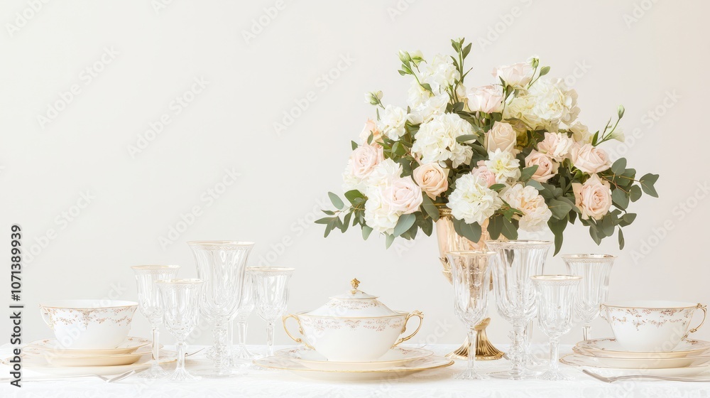 Exuding Old Money Elegance: Lavish Dining Room Set with Mahogany Table, Fine China, Crystal Glassware, and Floral Centerpiece Exuding Old Money Elegance: Lavish Dining Room Set with Mahogany Table, Fine China, Crystal Glassware, and Floral Centerpiece