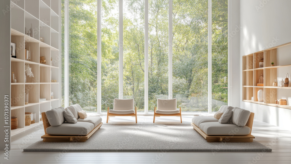 Fototapeta premium Minimalist living room with comfortable seating and bookshelves.