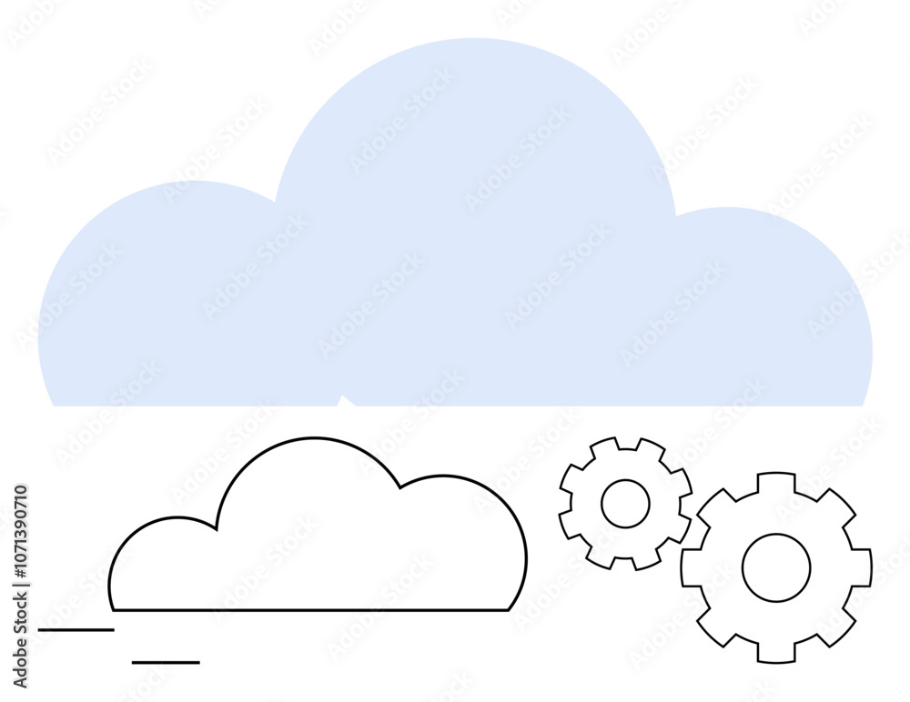Fototapeta premium Two gear icons beside simple cloud illustrations. Ideal for cloud services, technology, software development, IT infrastructure, automation, industry 4.0 online platforms. Line metaphor