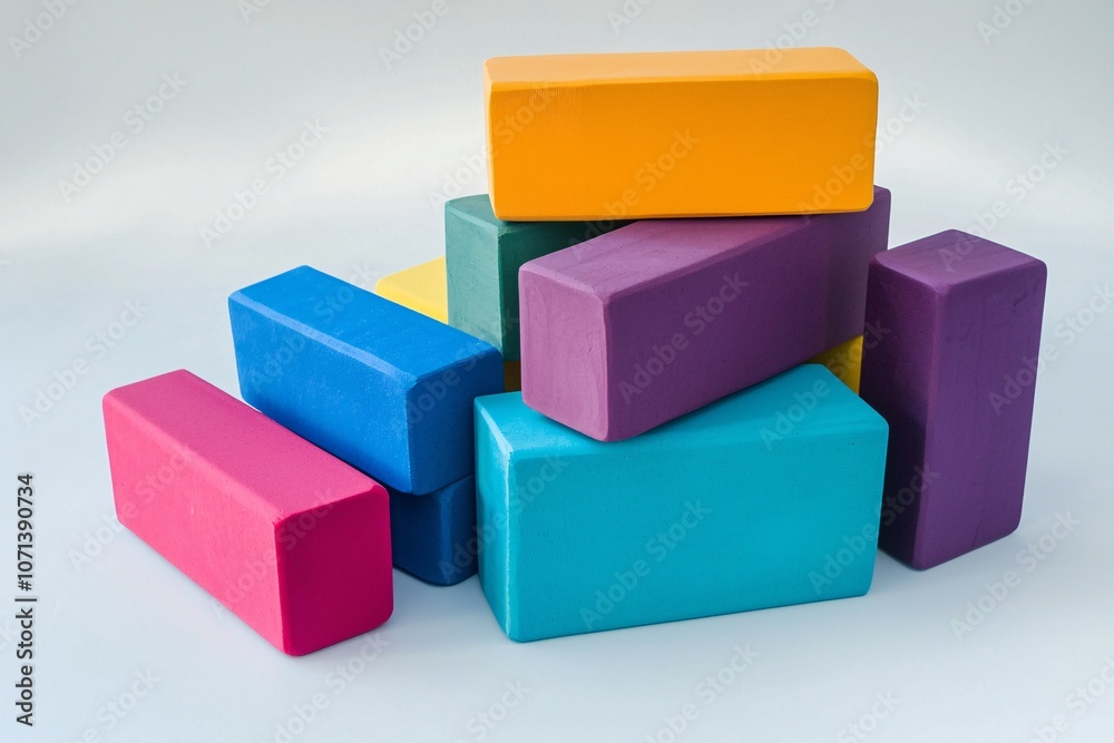 Fototapeta premium A vibrant array of fitness blocks displayed against a neutral backdrop highlights their adaptability for improving stability and enhancing exercise practices.