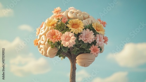 A brain-shaped tree with pink and yellow flowers blooming against a light blue sky with white clouds.