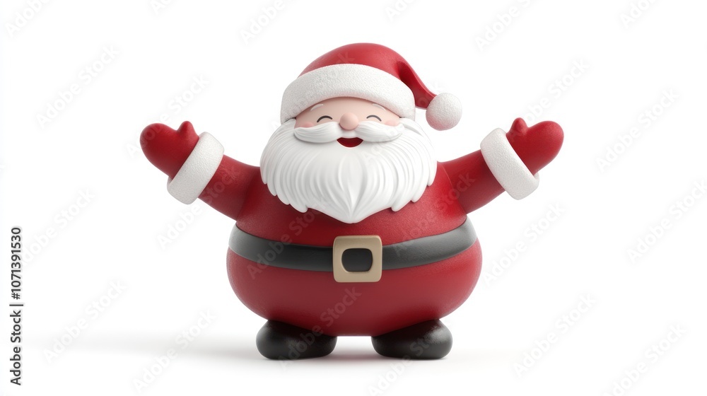 A cheerful Santa Claus in 3D rendering, with a red suit, white beard and hat, and a wide smile, stands with arms outstretched. A cheerful Santa Claus in 3D rendering, with a red suit, white beard and hat, and a wide smile, stands with arms outstretched.