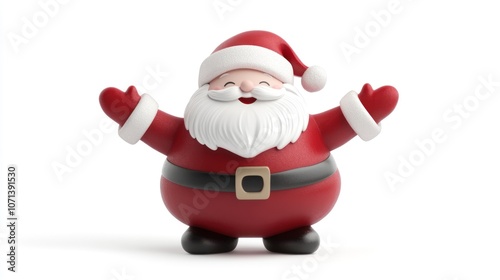 A cheerful Santa Claus in 3D rendering, with a red suit, white beard and hat, and a wide smile, stands with arms outstretched.