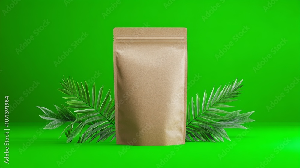 Eco Friendly Kraft Paper Pouch Packaging Mockup with Tropical Leaves Eco Friendly Kraft Paper Pouch Packaging Mockup with Tropical Leaves