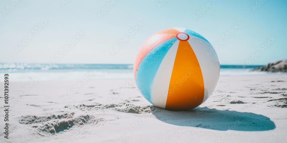 Obraz premium Beach Ball Dream: A colorful beach ball rests on the pristine white sand, bathed in the warm glow of the summer sun. The ocean waves gently lap at the shore in the background.