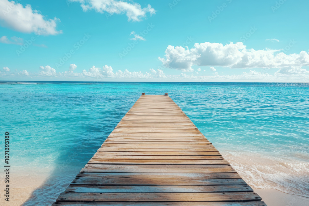 Obraz premium Tranquil scene with a weathered pier leading to the crystal clear ocean. Ideal for travel, vacation, and relaxation themes.