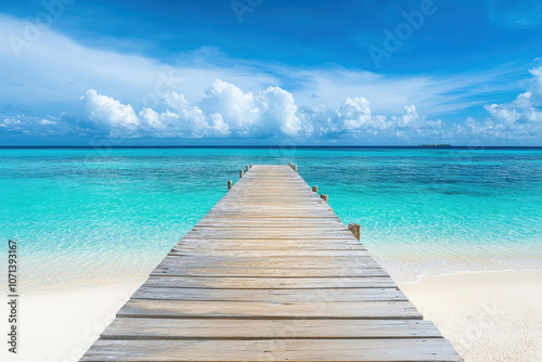 Tranquil scene with a weathered pier leading to the crystal clear ocean. Ideal for travel, vacation, and relaxation themes.