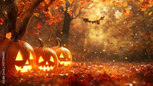 A captivating Halloween scene featuring a collection of intricately carved pumpkins glowing ominously in a dimly lit autumn forest.