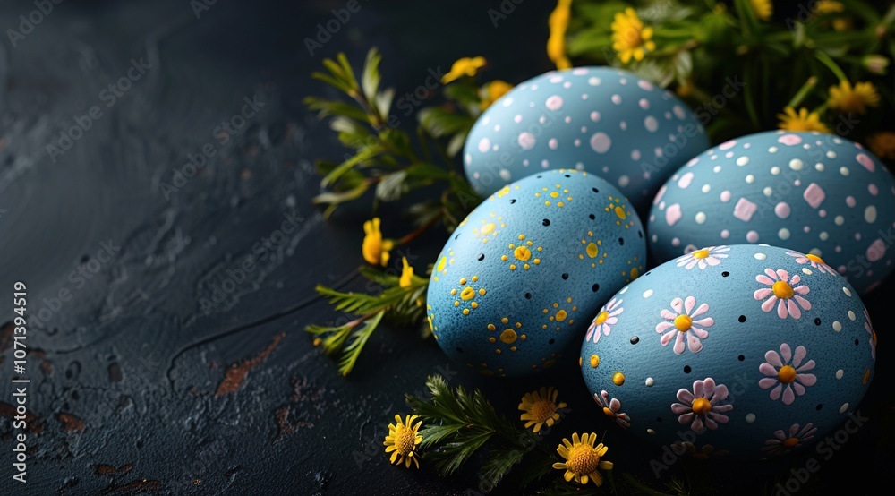 Blue easter eggs painted by hand on a dark background Blue easter eggs painted by hand on a dark background