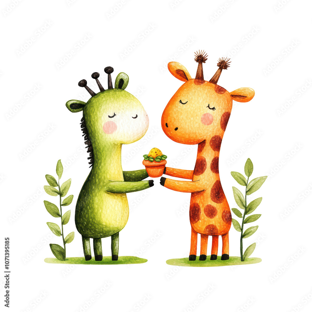 Naklejka premium Two colorful, cartoon giraffes exchanging a potted plant, displaying friendship in a playful, vibrant style.