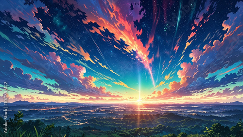 Dramatic, beautiful, sunrise, landscape, dusk, anime style, illustration, sky, nature
