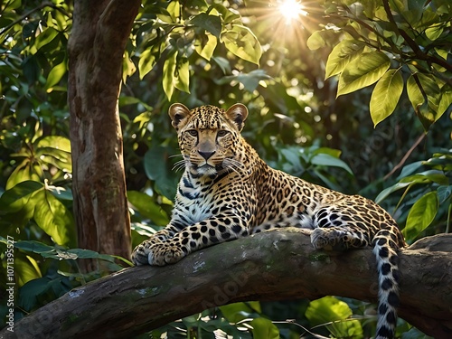 Leopard Resting on a Branch with Sunlight Filtering Through Leaves