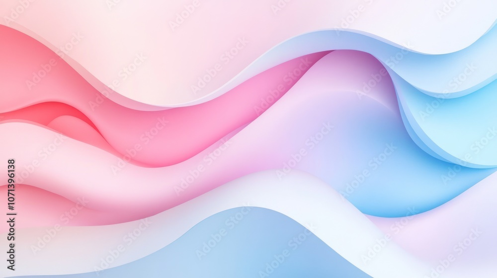 Fototapeta premium Abstract pink and blue wave shapes flowing across a white background, featuring a soft pastel gradient with a modern, minimalist design