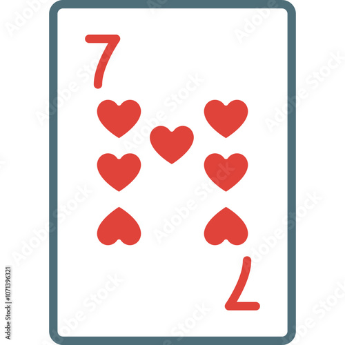 A Red Seven of Hearts Playing Card With a Simple Design and Distinctive Hearts Layout Against a White Background