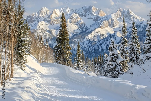 A serene winter scene featuring a snow-covered winding road through a dense forest with towering snow-capped mountains in the background, evoking a sense of tranquility and adventure.