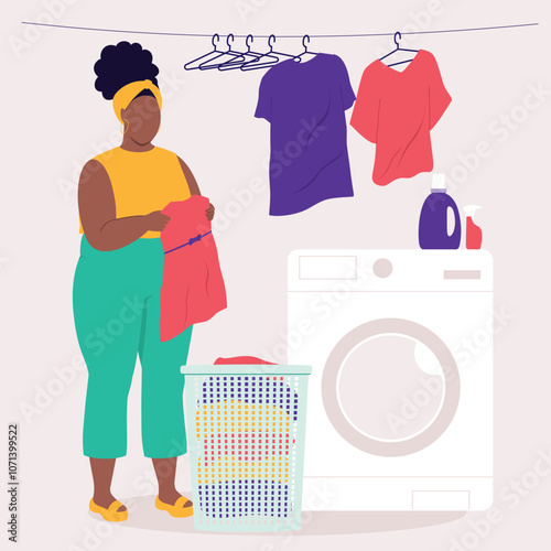 One Plus Size Black Woman Hanging Clothes After The Laundry.