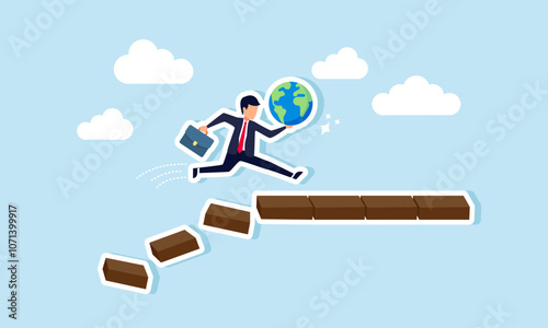 A businessman runs carrying the world, avoiding a collapsing block structure, illustration of securing the world from business practices that harm the environment