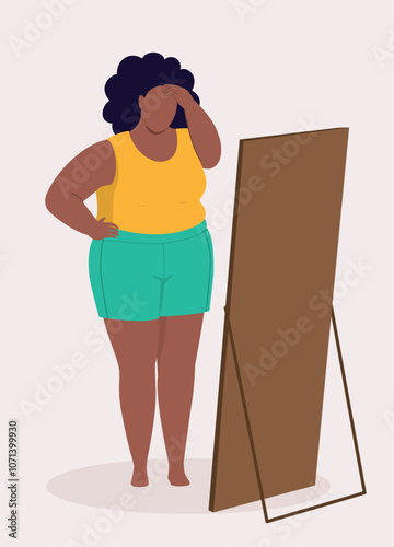 One Overweight Black Woman Looking In Front Of A Mirror Feeling Frustrated With Her Weight Gain.