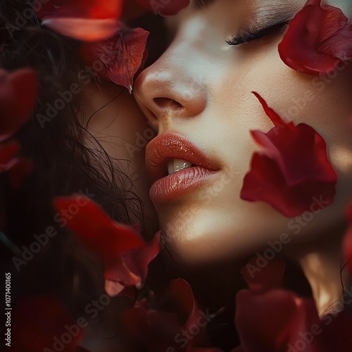 Woman with rose petals on skin, close-up shot