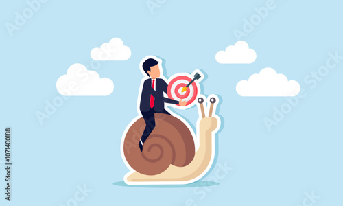 A businessman carrying a target board while riding a snail, illustration of the slow progress in achieving business target performance
