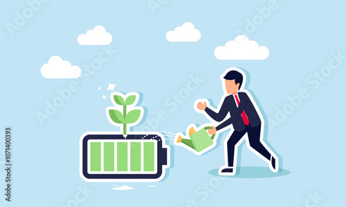 A businessman watering a battery sprouting plants, illustration of efforts to sustain nature’s resilience by building environmentally conscious businesses