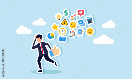 A businessman running with a thumbs-up sign, followed and chased by business management items, illustration of pursuing business engagement while managing other tasks