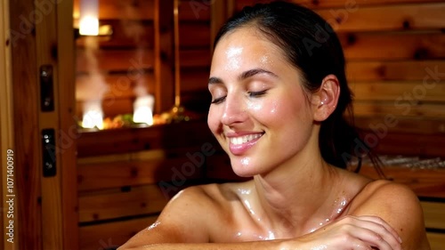 A woman enjoys a tranquil moment in a sauna, soaking in the warmth and rejuvenating her body and mind amidst a calming wooden environment
