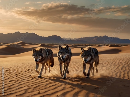 Three Wolves Running Through a Desert Landscape at Sunset photo