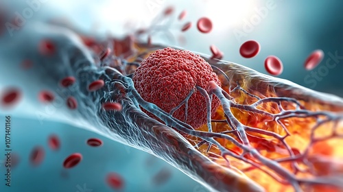 intricate visualization of deep vein thrombosis showcasing the clot formation within the vascular system, highlighting the narrowing of the blood vessel and potential risk of blood flow obstruction.