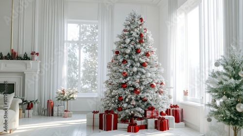 Beautiful holiday scene with a Christmas tree covered in classic decorations, lights, and gifts, all on a clean white background