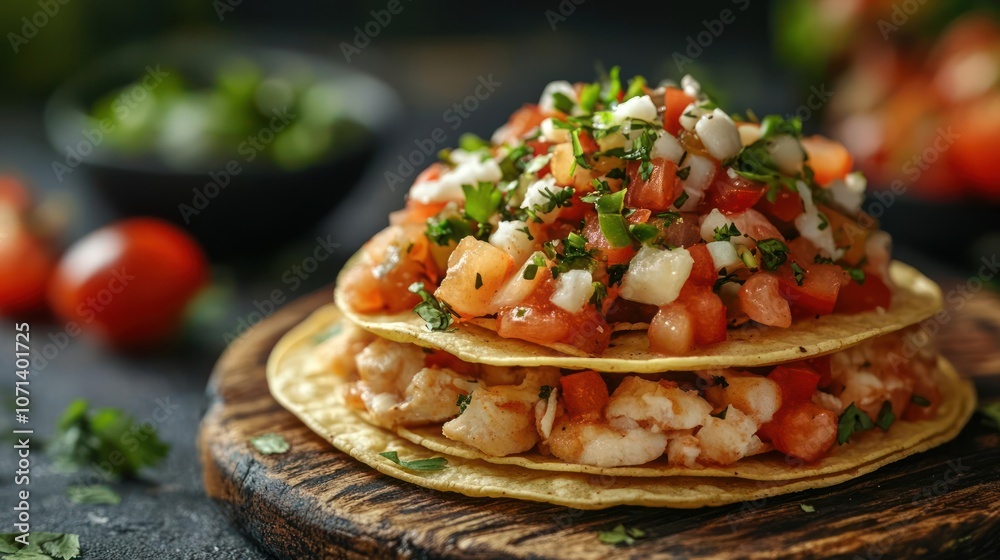 A platter of tostadas with a vibrant red sauce and sprinkled parsley. A platter of tostadas with a vibrant red sauce and sprinkled parsley.
