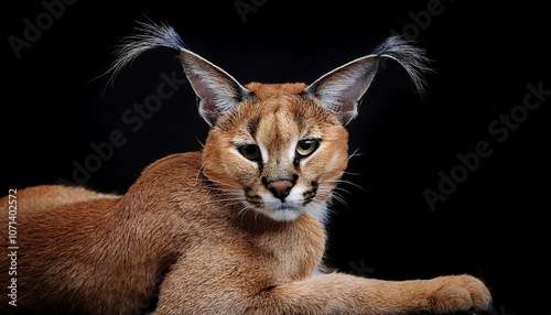 A caracal, a medium-sized wild cat with distinctive long, tufted ears, lies down against a black background photo