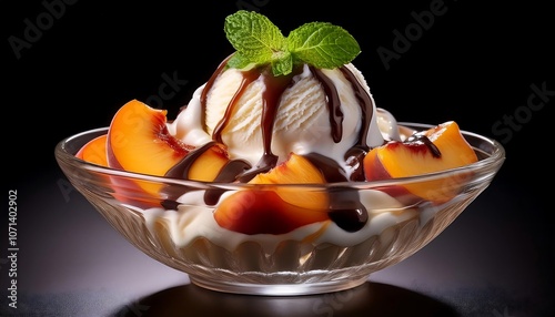 A glass dish holds vanilla ice cream topped with sliced peaches, chocolate syrup, and a mint leaf, all against a black background photo