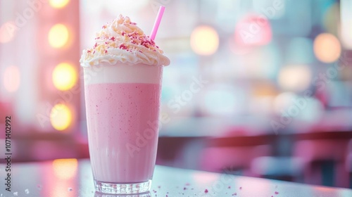 Delicious blend of pink and cream milkshake with a sprinkle on top.