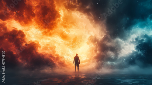 A lone figure stands in a surreal landscape, bathed in the ethereal glow of a fiery sky. The contrast between the fiery orange and cool blue clouds creates a dramatic and otherworldly atmosphere.