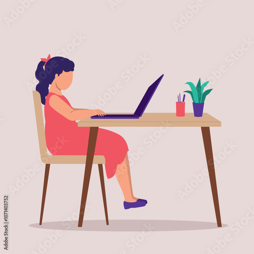Side View Of One Little Girl Using A Laptop At The Desk.