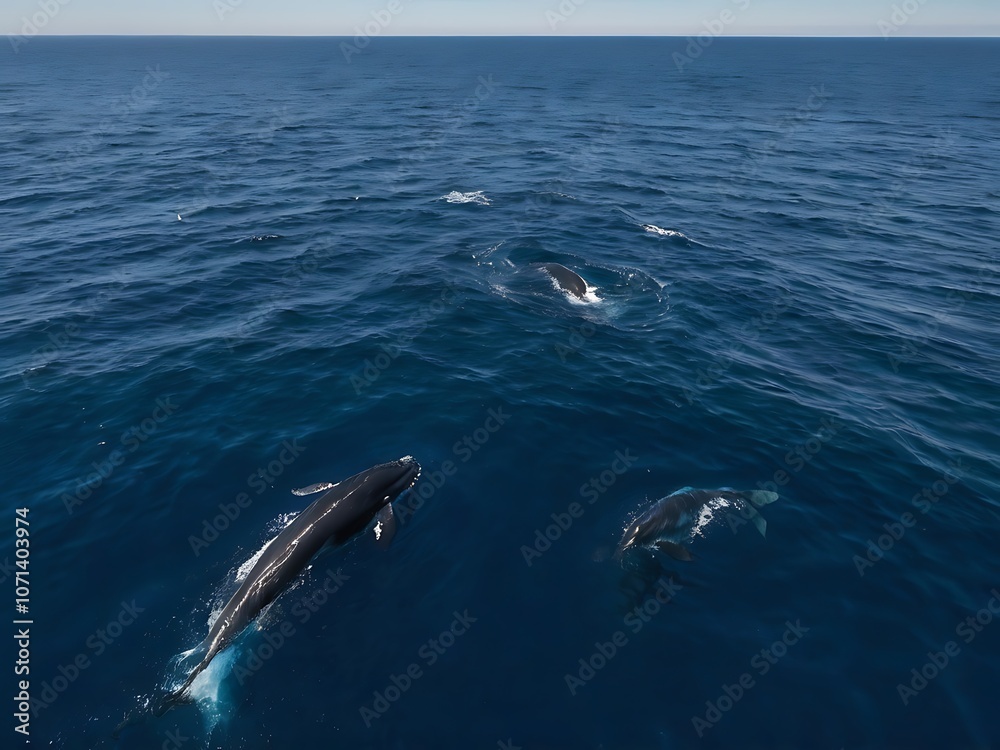 Fototapeta premium Three Dolphins Swimming in the Open Ocean