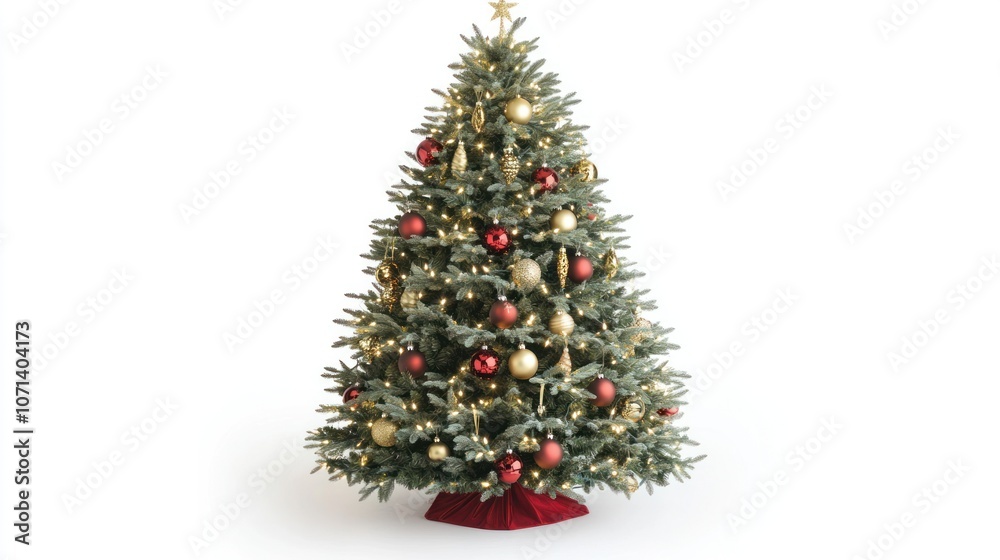 Classic Christmas tree with elegant red and gold ornaments, glowing softly with lights, set against a clean white background
