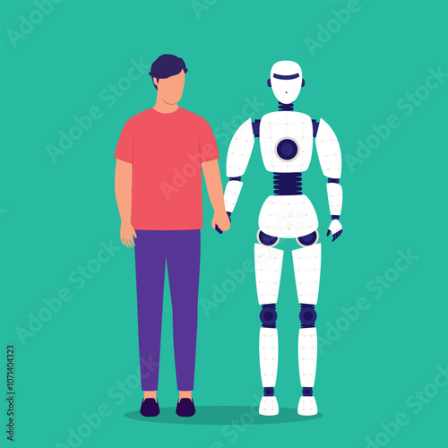 Young Man Standing And Holding Hands With His AI Robot Girlfriend.